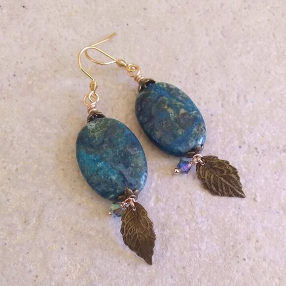 Unique Crazy Lace Agate Earrings - Blue Gray & Black - Mixed Metals Hardware - Picture 1 of 7